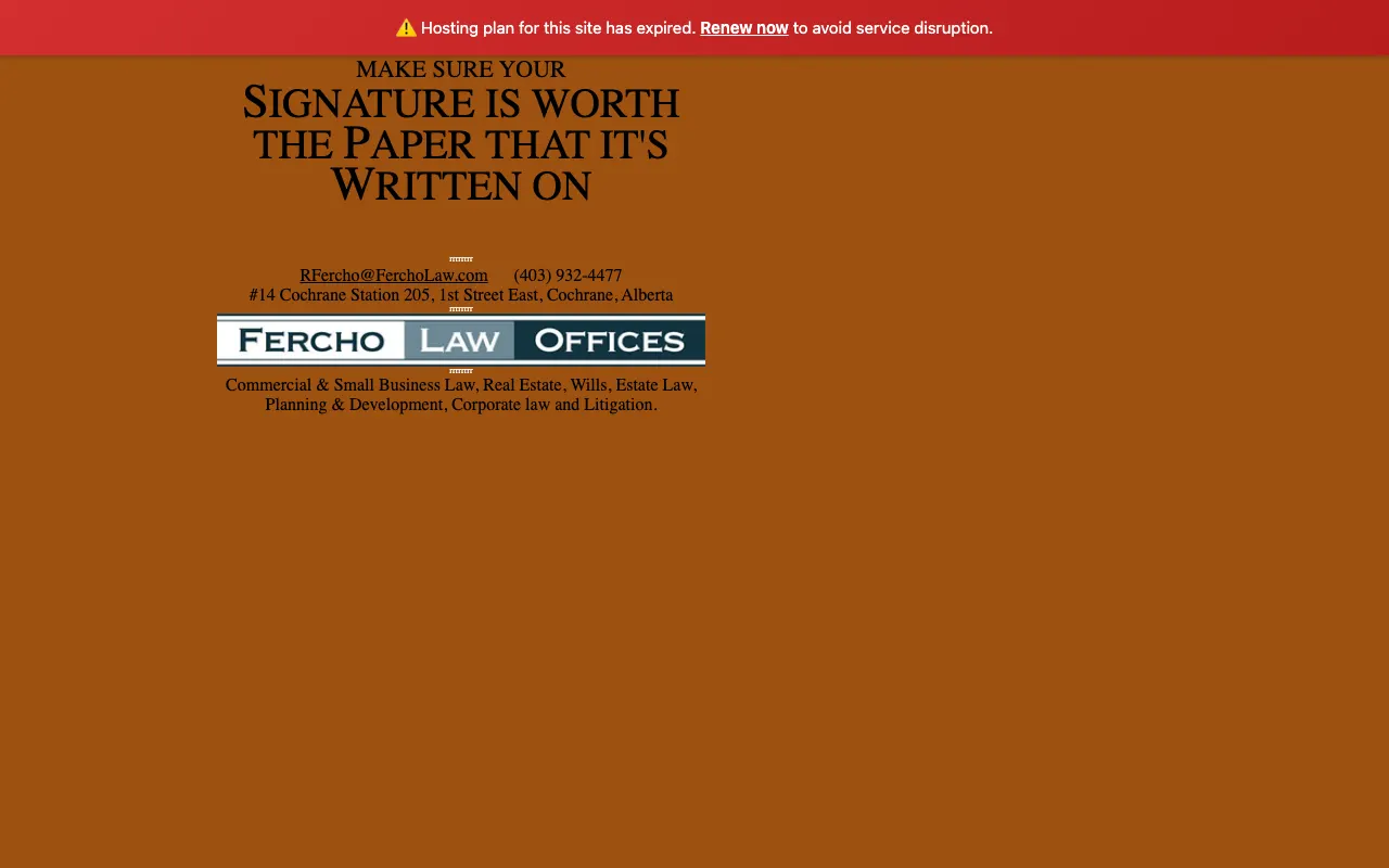 A Cochrane law firm - old website showing a hosting expired warning